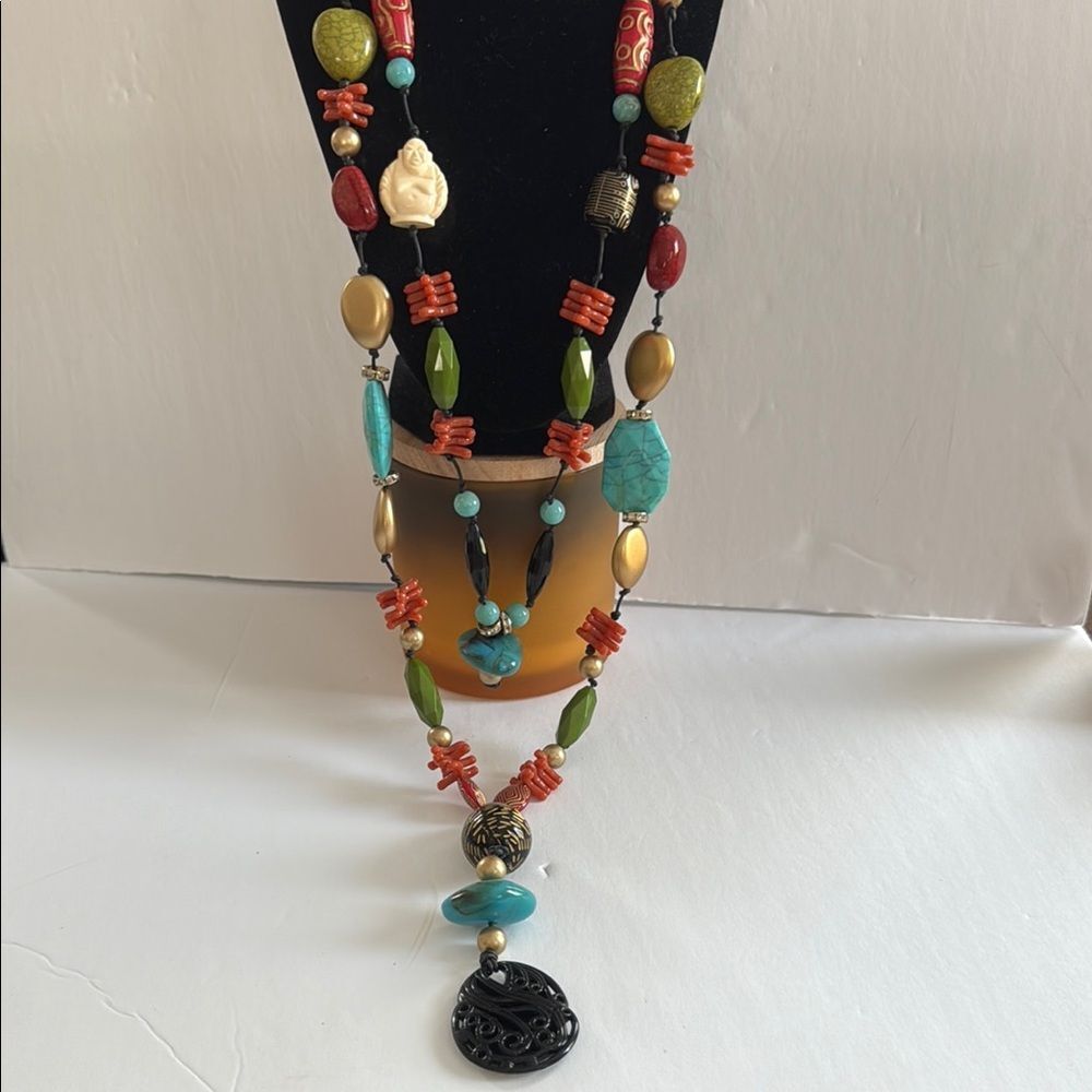 NWT CHICO’S Multicolor Beaded Necklace with Black Pendant
